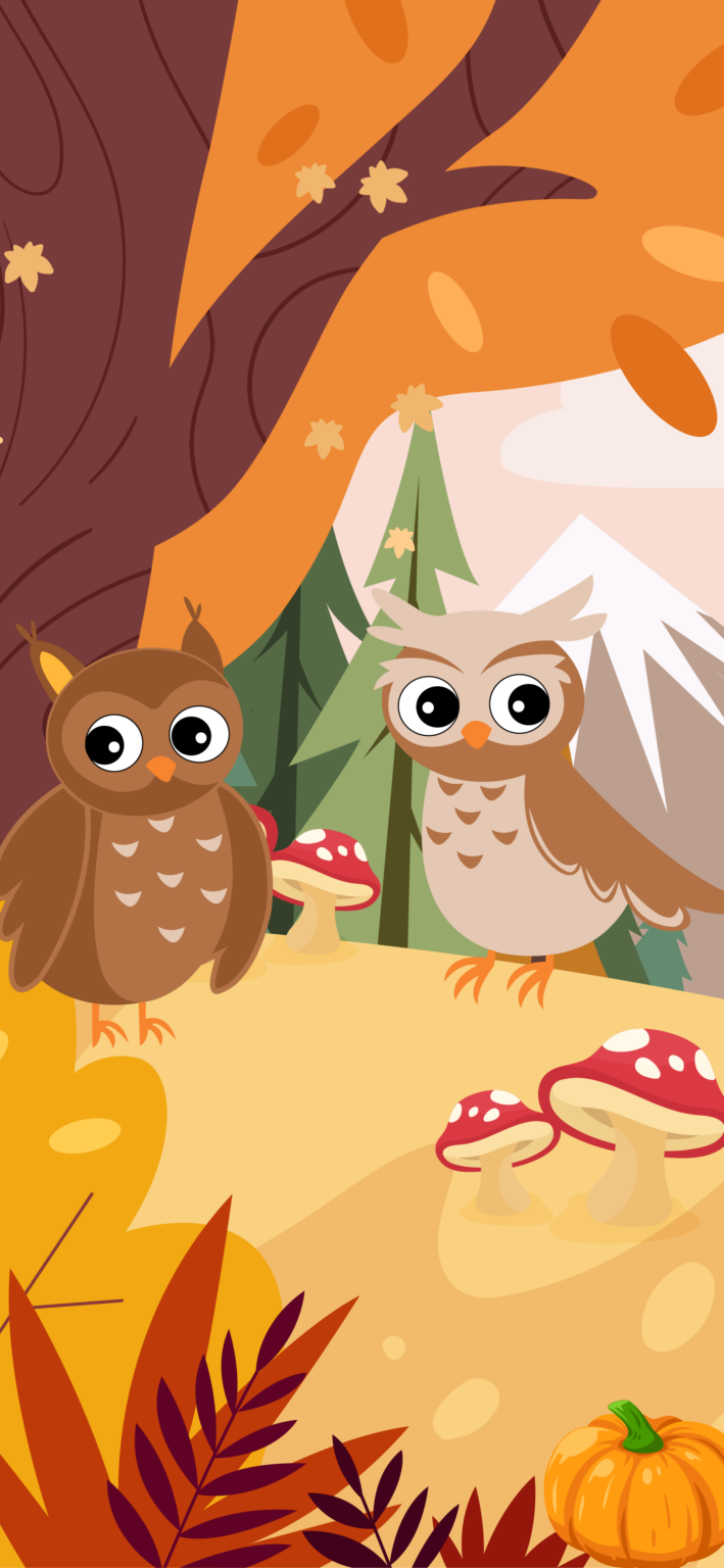 Illustration d'une forêt en automne, avec des champignon, un hibou, une chouette, une citrouille, des arbres, sapins.