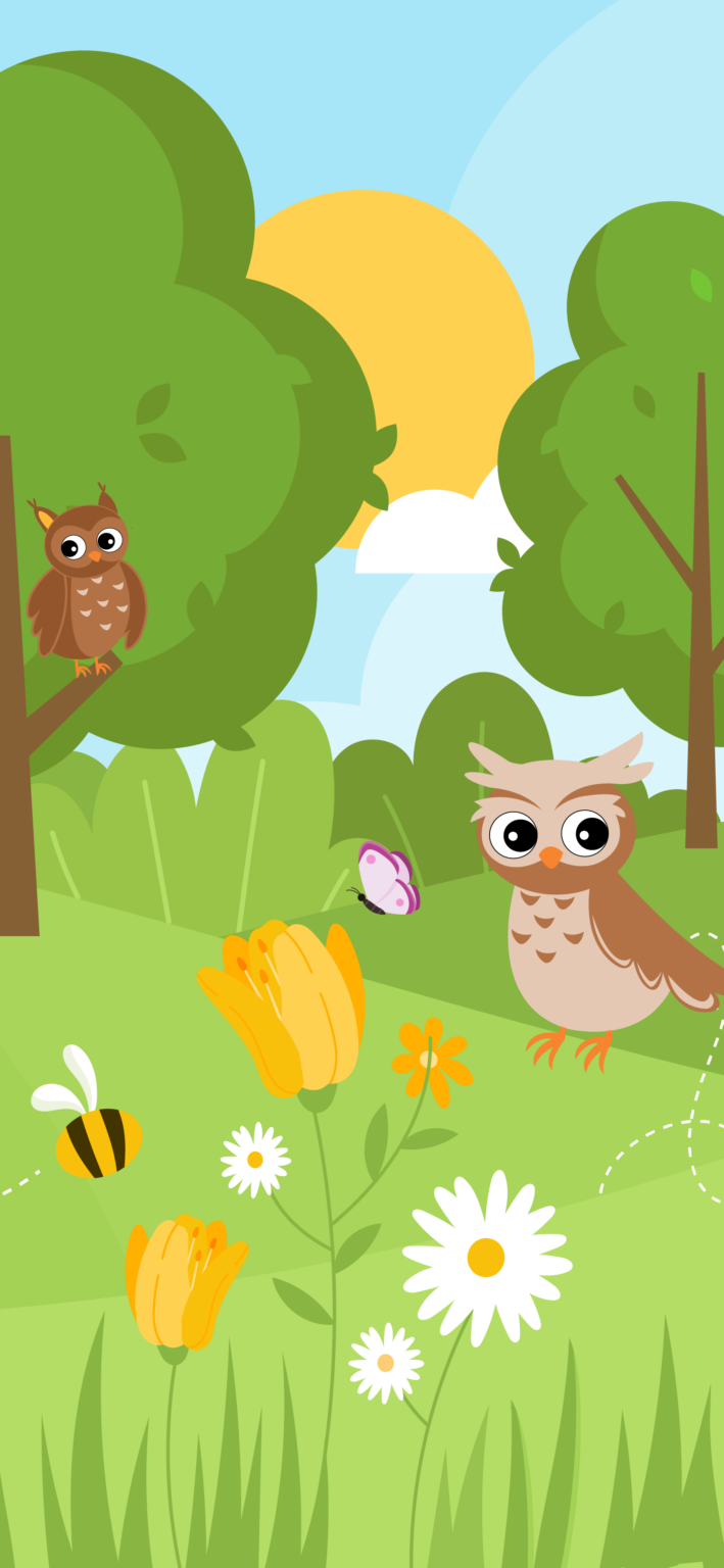 Illustration d'une forêt en printemps avec un hibou et une chouette. Il y a des fleurs au premier plan avec un papillon et une abeille.