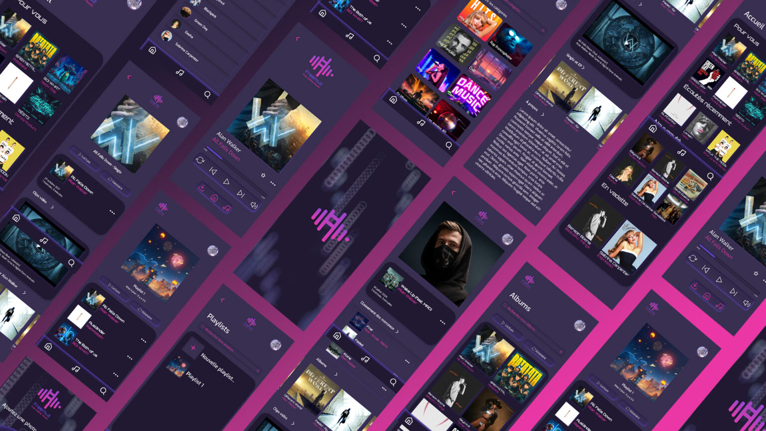 Mockup de l'application fictive Freemuz, montrant les slides de l'application.