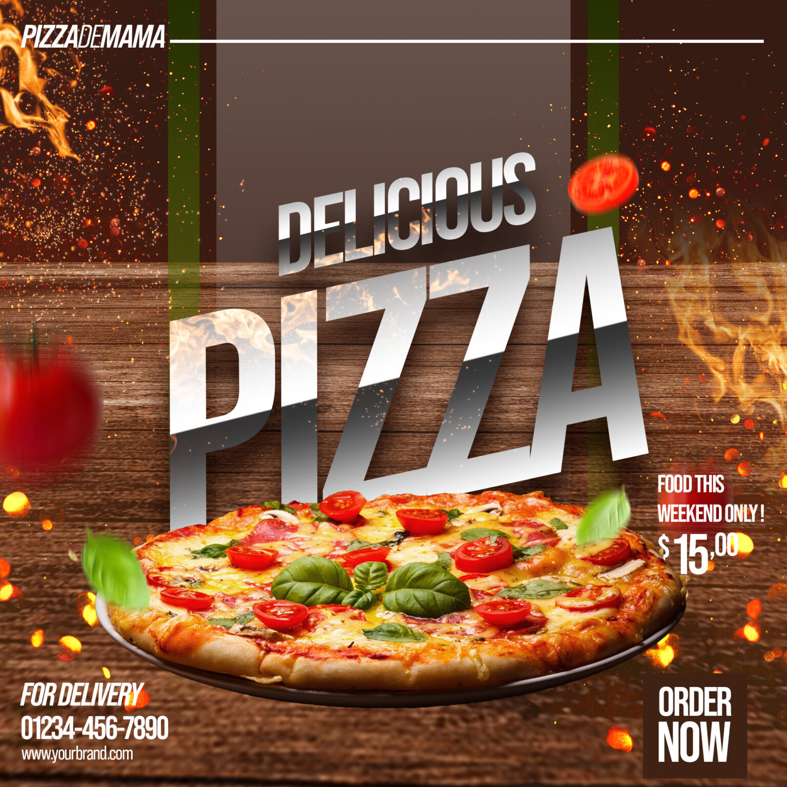 Pizza au centre avec le titre de la pizza au dessus. Affiche publicitaire.