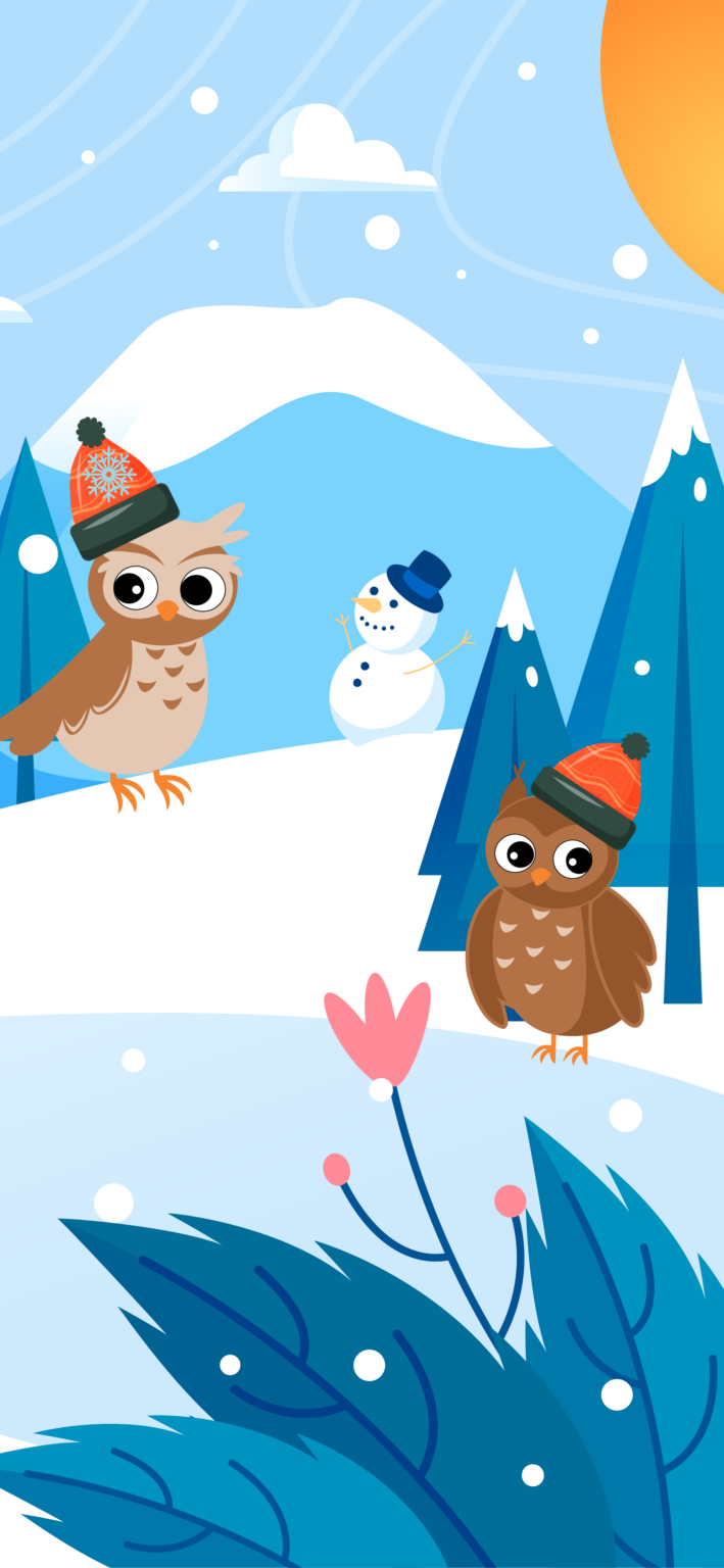 Illustration représentant l'hiver avec une chouette et un hibou portant des bonnets.